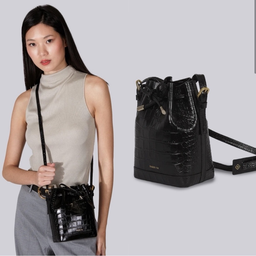 Paris 64 Baby Always Coco Bucket Crossbody in Croc Embossed Black